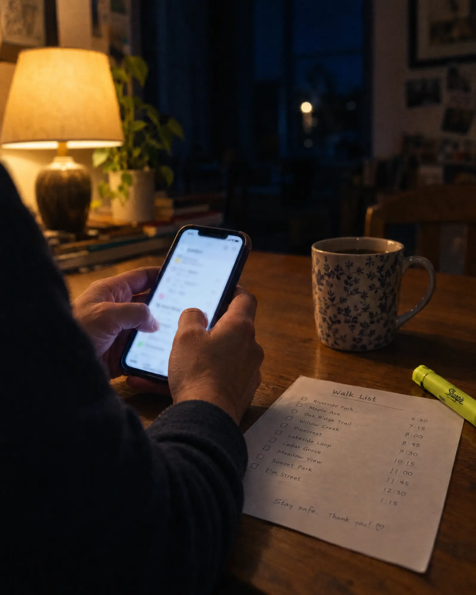 A volunteer sending peer-to-peer texts from a phone at a kitchen table at night